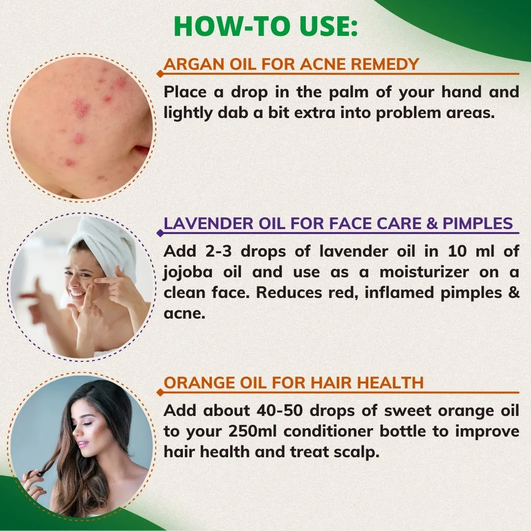 Pack of 10 Essential & Carrier Oils (Tea Tree, Lavender, Orange, Peppermint, Eucalyptus, Rosemary & Jojoba, Argan, Avocado, Rosehip)