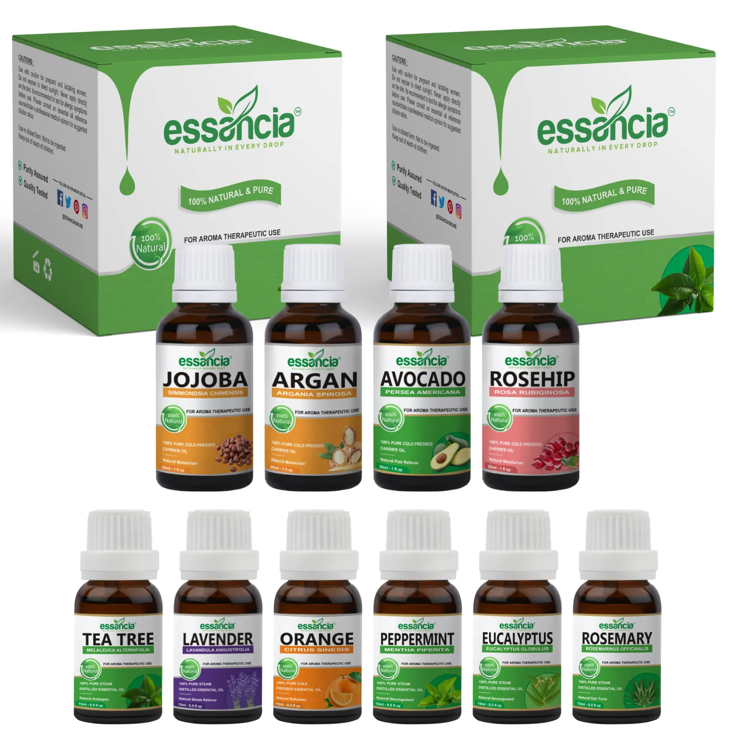 Pack of 10 Essential & Carrier Oils (Tea Tree, Lavender, Orange, Peppermint, Eucalyptus, Rosemary & Jojoba, Argan, Avocado, Rosehip)