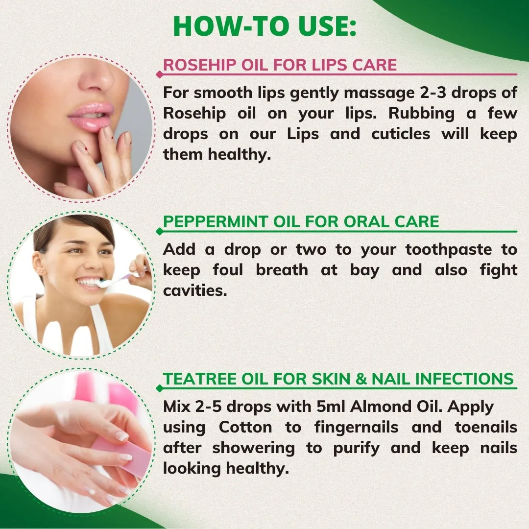 Pack of 10 Essential & Carrier Oils (Tea Tree, Lavender, Orange, Peppermint, Eucalyptus, Rosemary & Jojoba, Argan, Avocado, Rosehip)