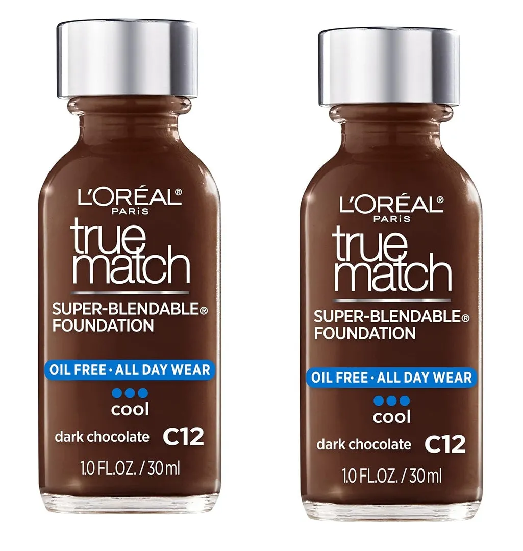 Pack of 2 L'Oreal Paris Makeup True Match Super-Blendable Liquid Foundation, Dark Chocolate C12