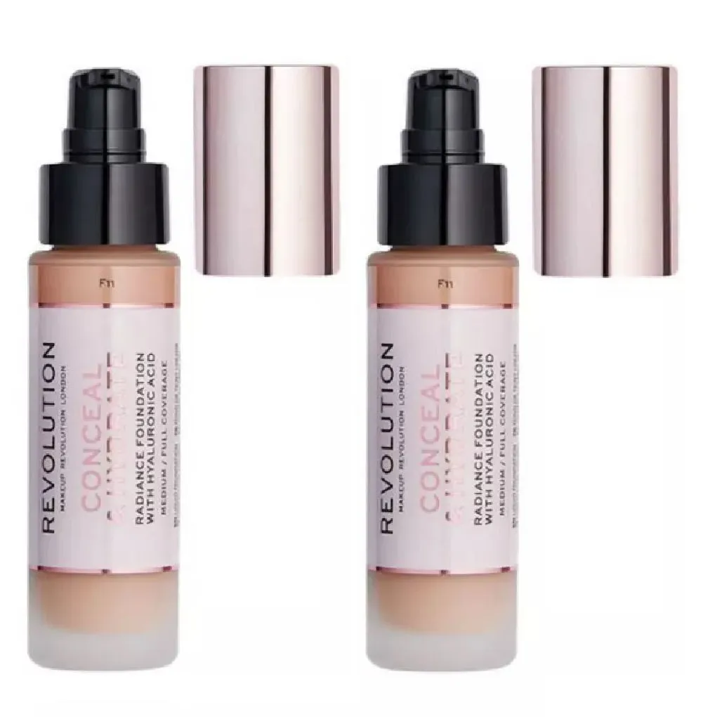 Pack of 2 Revolution Beauty Conceal & Hydrate Radiance Foundation with Hyaluronic Acid, F11