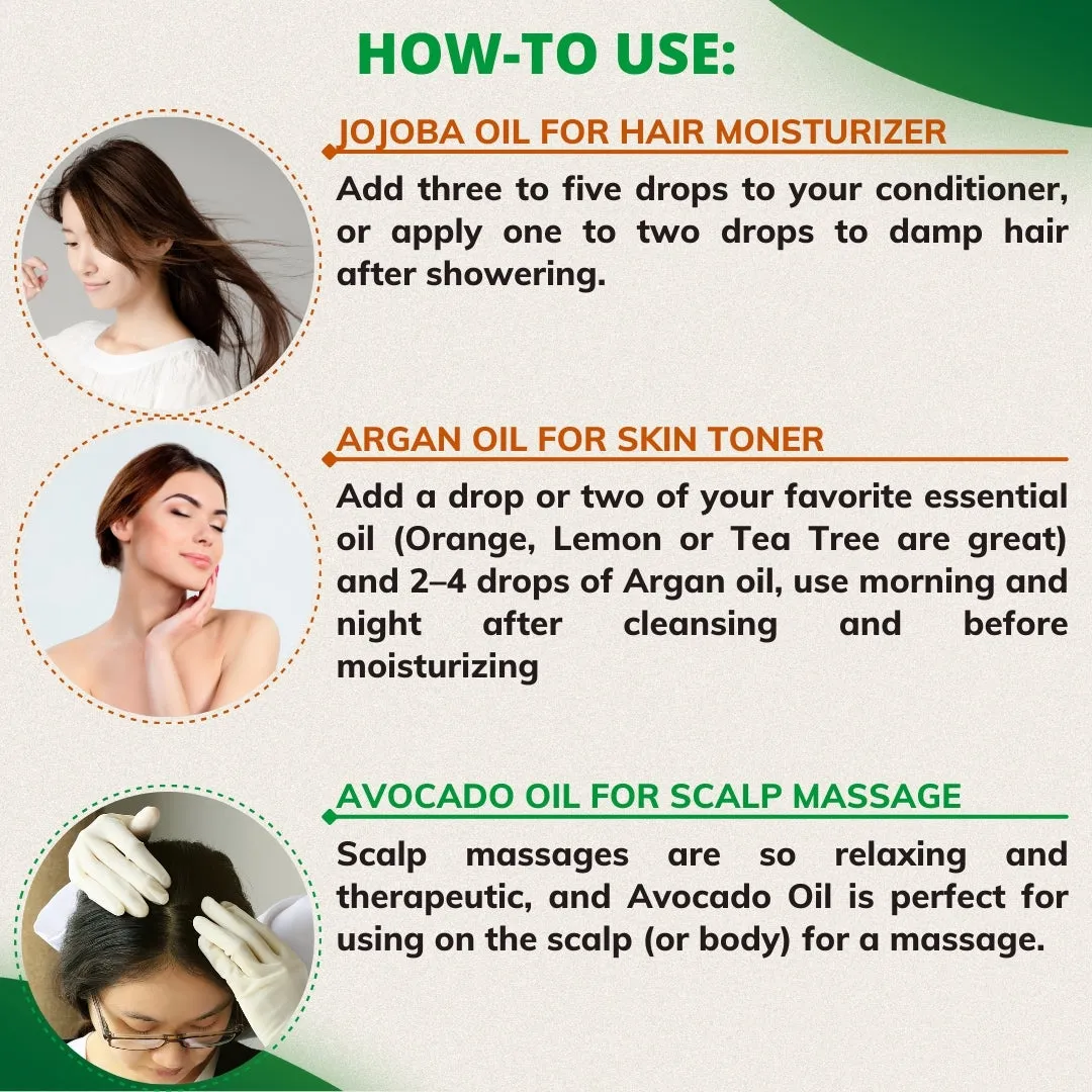 Pack of 5 Carrier Oils (Jojoba, Argan, Avocado, Grape Seed,  Rosehip)