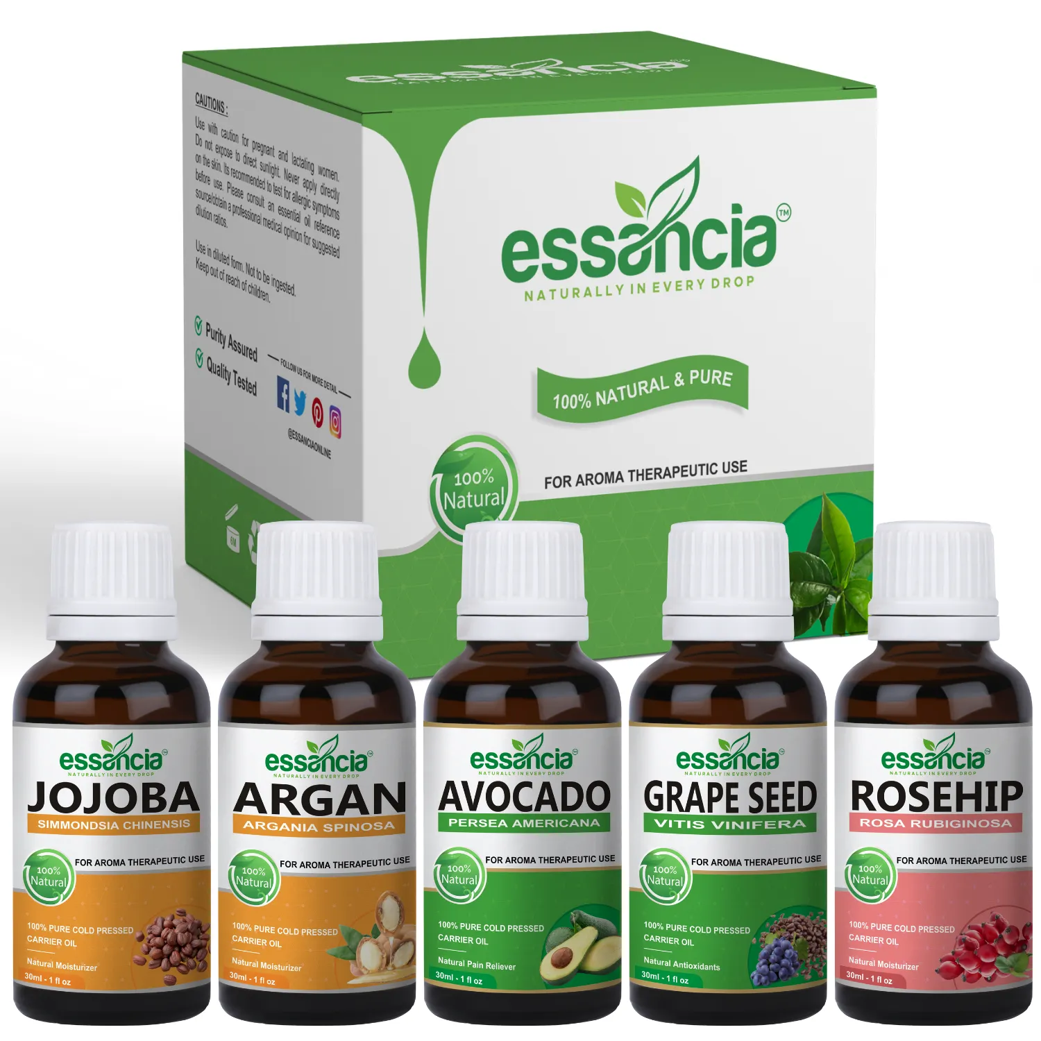 Pack of 5 Carrier Oils (Jojoba, Argan, Avocado, Grape Seed,  Rosehip)