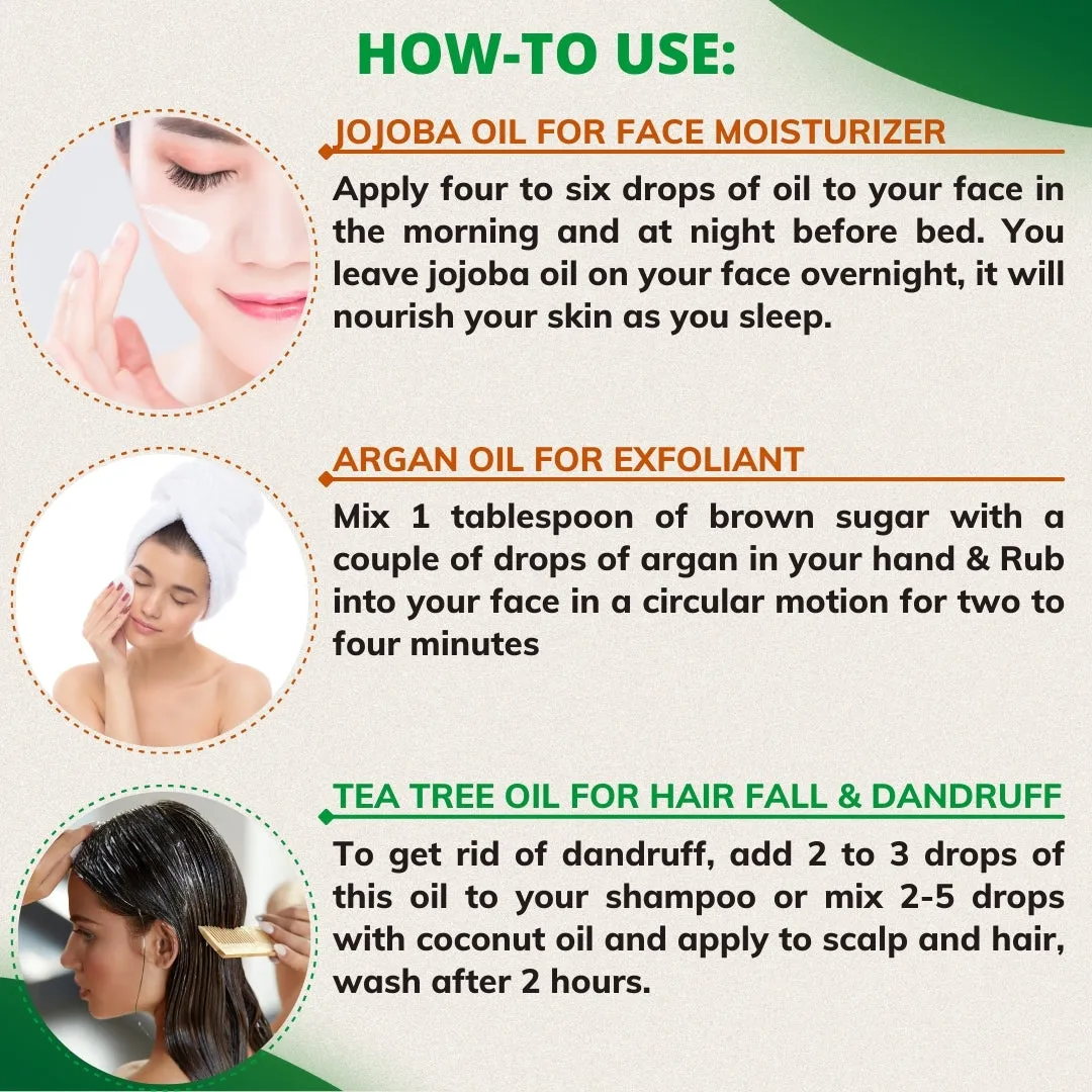 Pack of 5 Essential & Carrier Oils (Tea Tree, Lavender, Cedarwood, Argan, Jojoba)