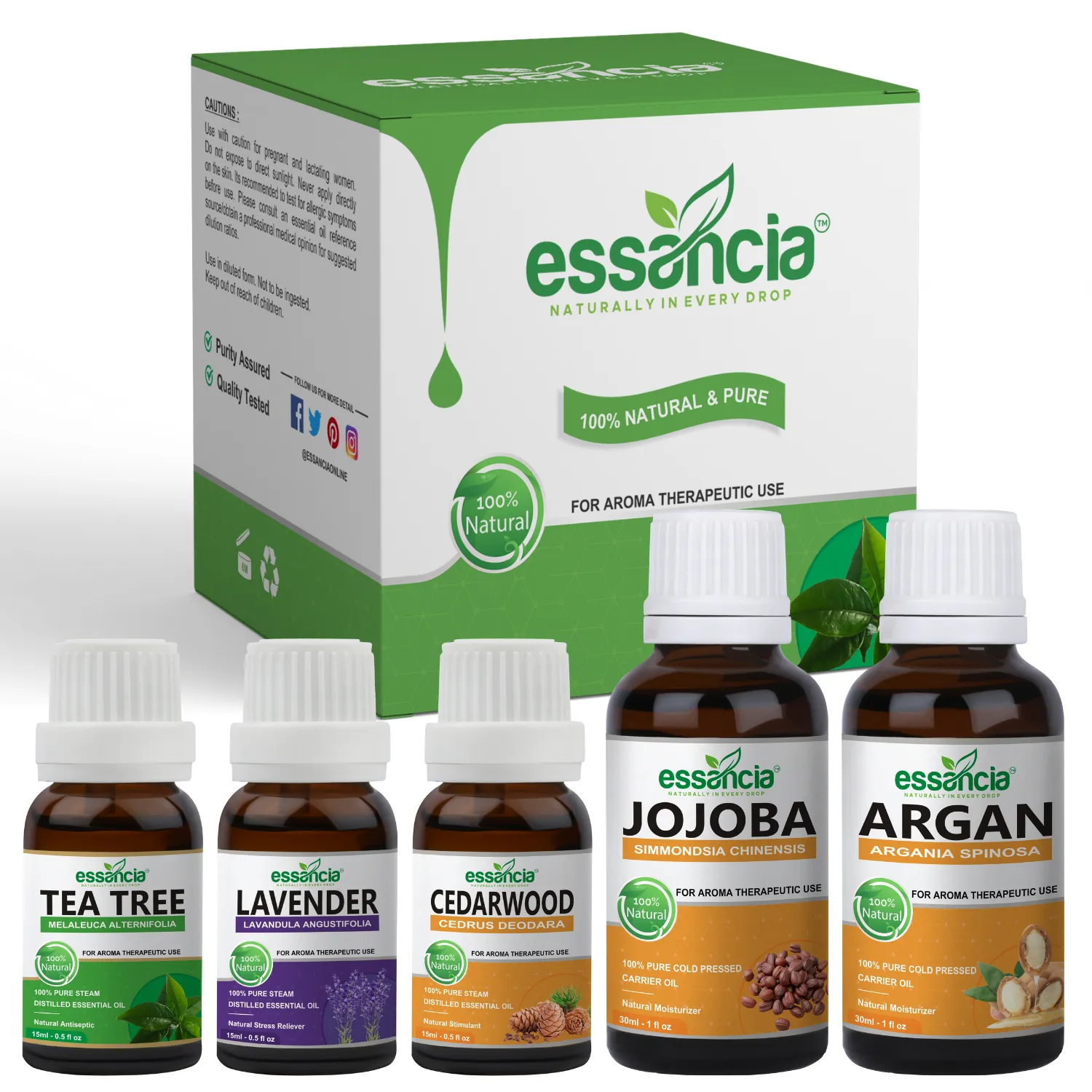 Pack of 5 Essential & Carrier Oils (Tea Tree, Lavender, Cedarwood, Argan, Jojoba)