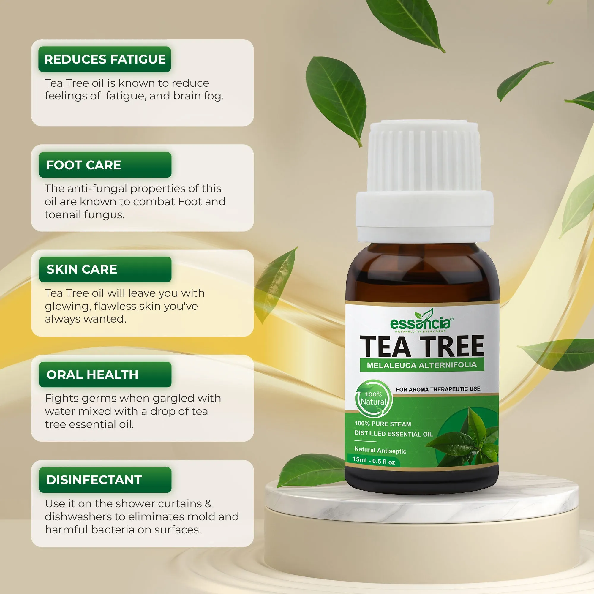 Pack of 5 Essential & Carrier Oils (Tea Tree, Lavender, Cedarwood, Argan, Jojoba)