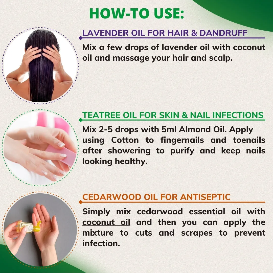 Pack of 5 Essential & Carrier Oils (Tea Tree, Lavender, Cedarwood, Argan, Jojoba)