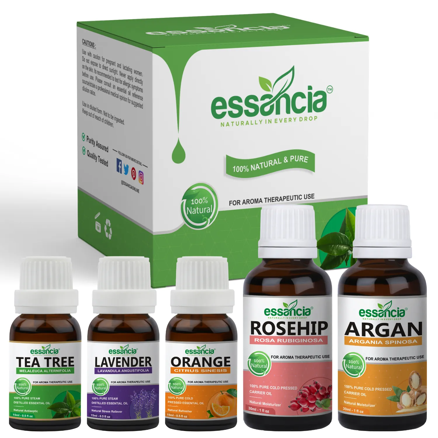 Pack of 5 Essential & Carrier Oils (Tea Tree, Lavender, Orange, Argan, Rosehip)
