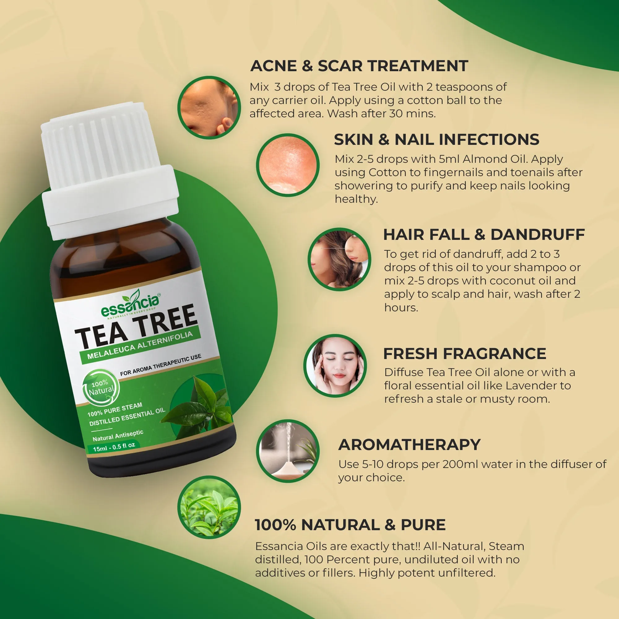 Pack of 5 Essential & Carrier Oils (Tea Tree, Lavender, Orange, Argan, Rosehip)