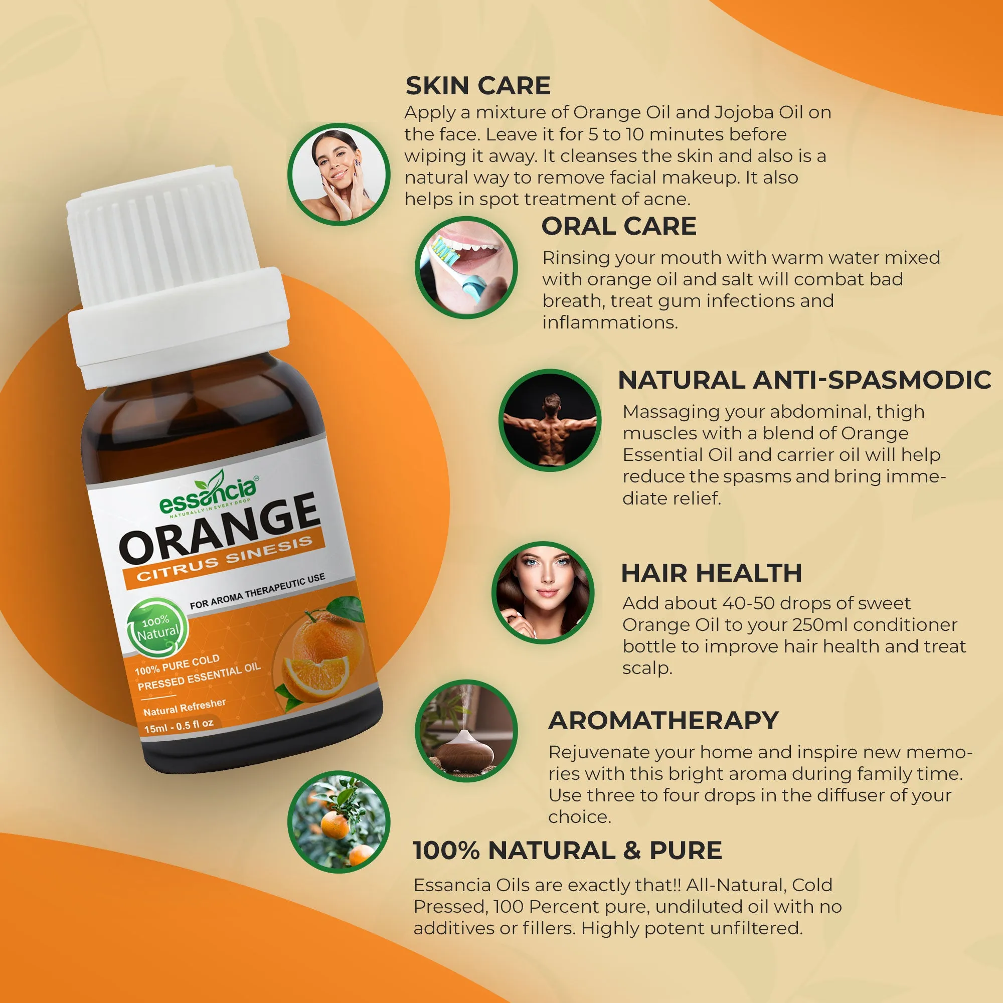 Pack of 5 Essential & Carrier Oils (Tea Tree, Lavender, Orange, Argan, Rosehip)
