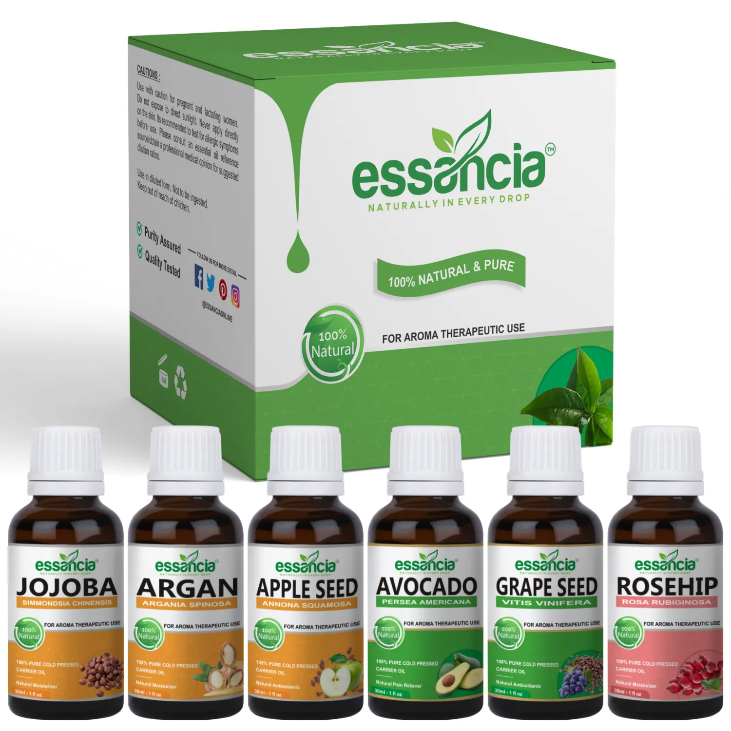 Pack Of 6 Carrier Oils (Avocado, Grape Seed, Argan, Rosehip, Jojoba, Apple Seed)