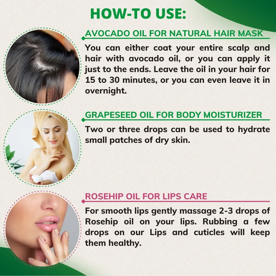 Pack Of 6 Carrier Oils (Avocado, Grape Seed, Argan, Rosehip, Jojoba, Apple Seed)