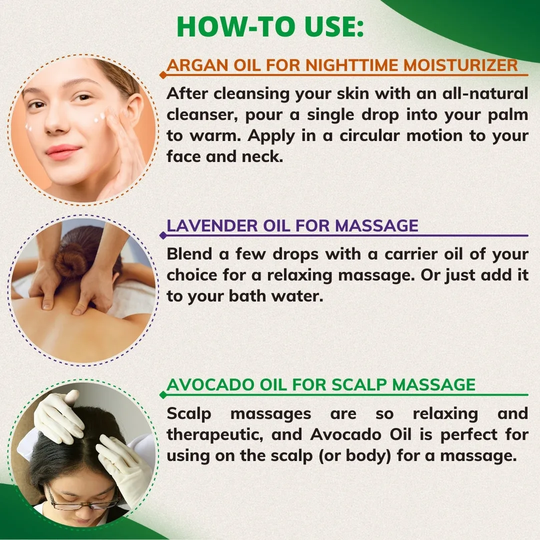 Pack Of 9 Essential & Carrier Oils (Tea Tree, Lavender, Peppermint, Eucalyptus, Rosemary & Jojoba, Argan, Avocado, Rosehip)
