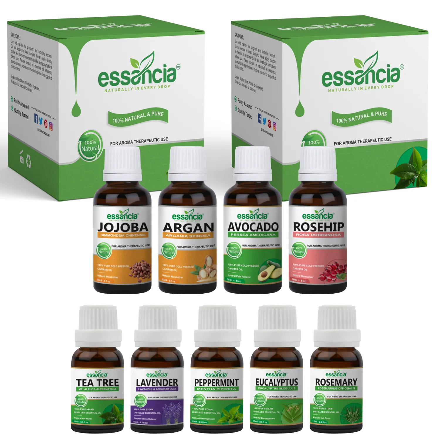 Pack Of 9 Essential & Carrier Oils (Tea Tree, Lavender, Peppermint, Eucalyptus, Rosemary & Jojoba, Argan, Avocado, Rosehip)