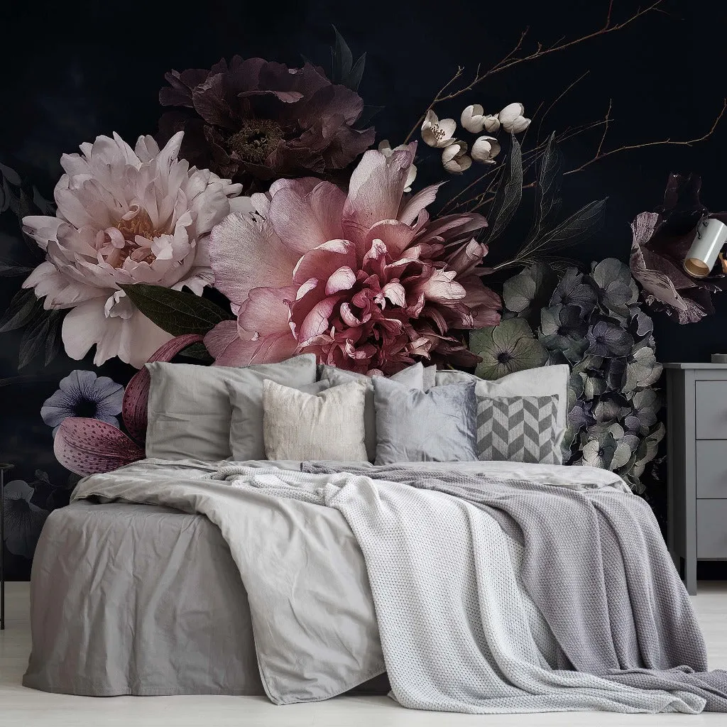 Peonies Over Black Wallpaper Mural