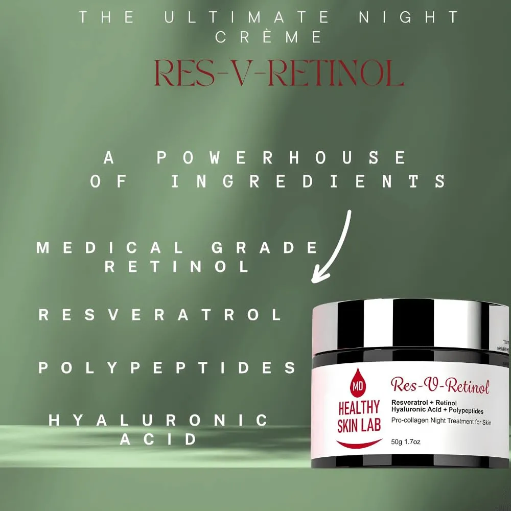 Res-V-Retinol Resveratrol Face Night Cream, Anti-Aging Neck & Décolleté Moisturizer with Retinol, Hyaluronic Acid, Polypeptides, Hydrates & Brightening, 1.7Oz