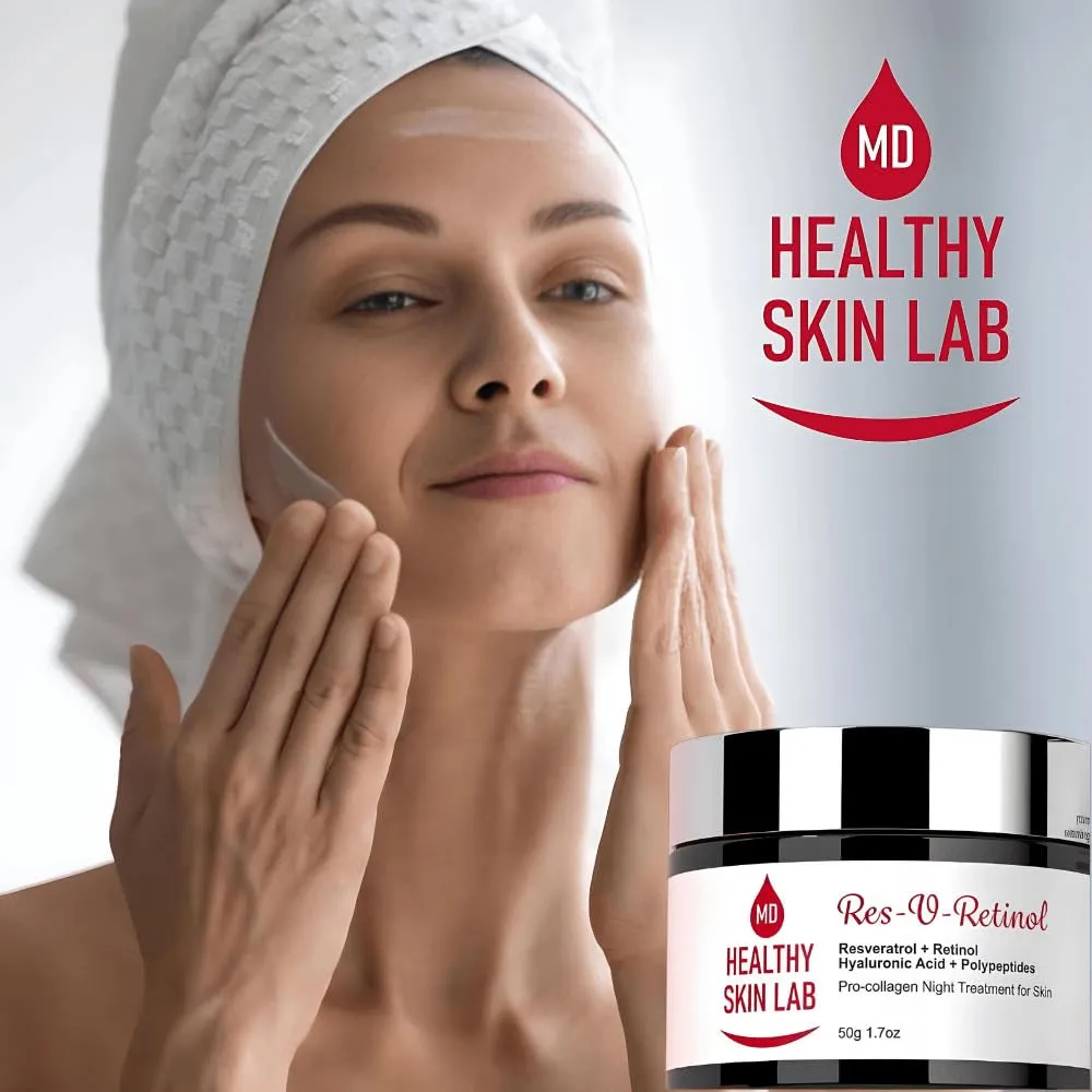 Res-V-Retinol Resveratrol Face Night Cream, Anti-Aging Neck & Décolleté Moisturizer with Retinol, Hyaluronic Acid, Polypeptides, Hydrates & Brightening, 1.7Oz