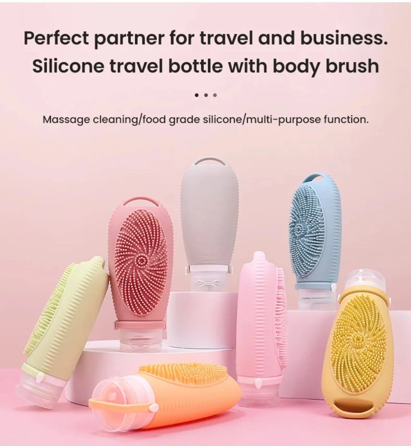 Set of 3 Portable Travel Bottles with Built-In Body scrub pattern - Leakproof Silicone, 100ml, Green, Blue, Pink