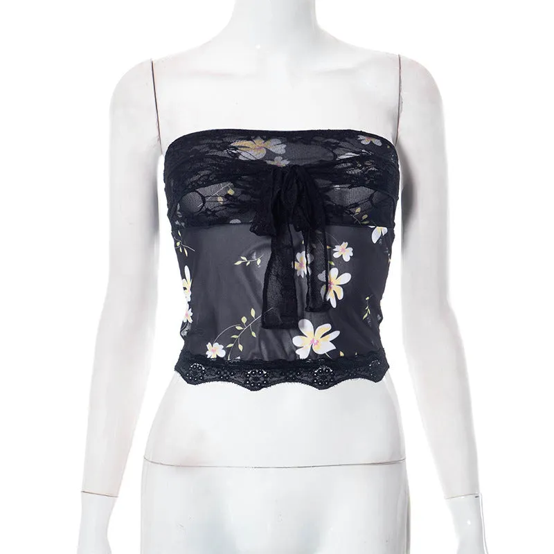 Sheer mesh lace self tie front floral print tube top