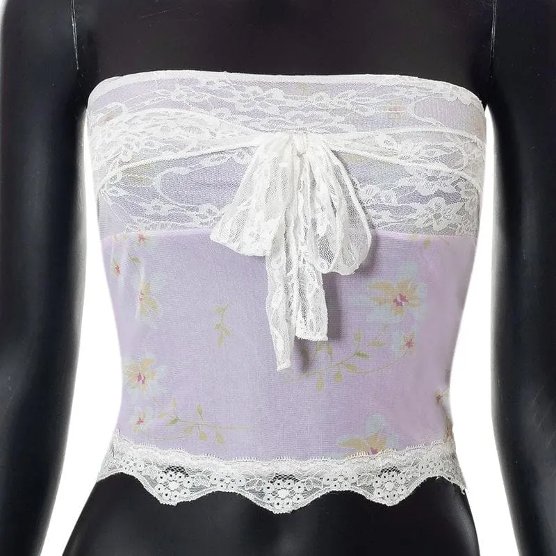 Sheer mesh lace self tie front floral print tube top