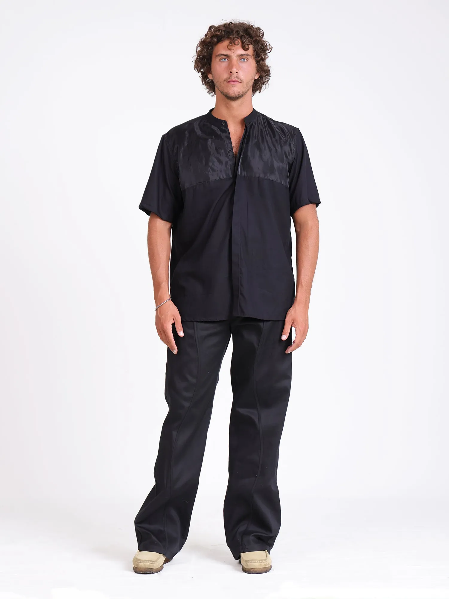Sheer patch detailed short sleeve shirt