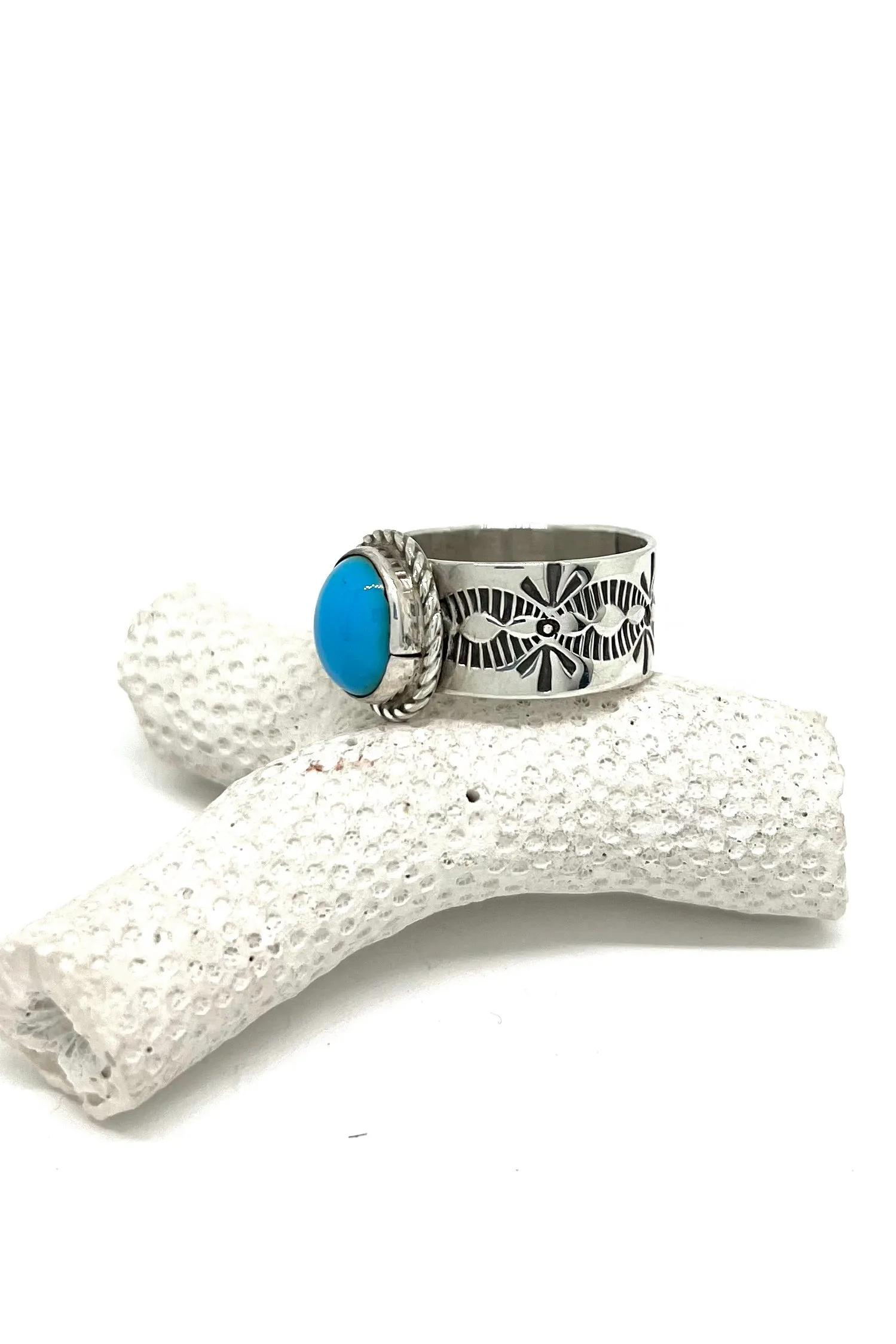Sleeping Beauty Turquoise Hand Stamped Ring (Size 8.5)