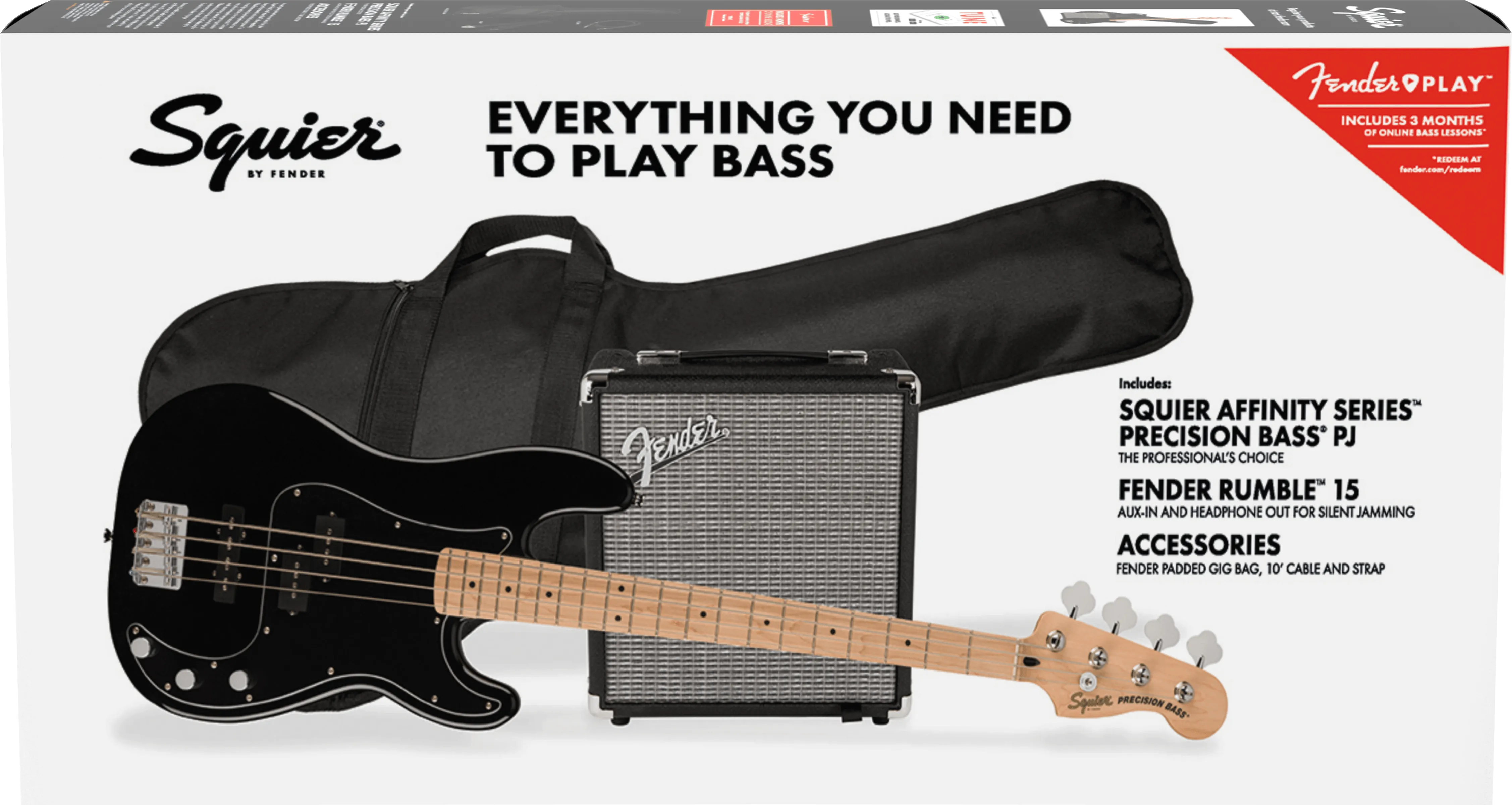 Squier Affinity Series Precision Bass PJ Pack, Maple Fingerboard, Black, Gig Bag, Rumble 15 - 120V