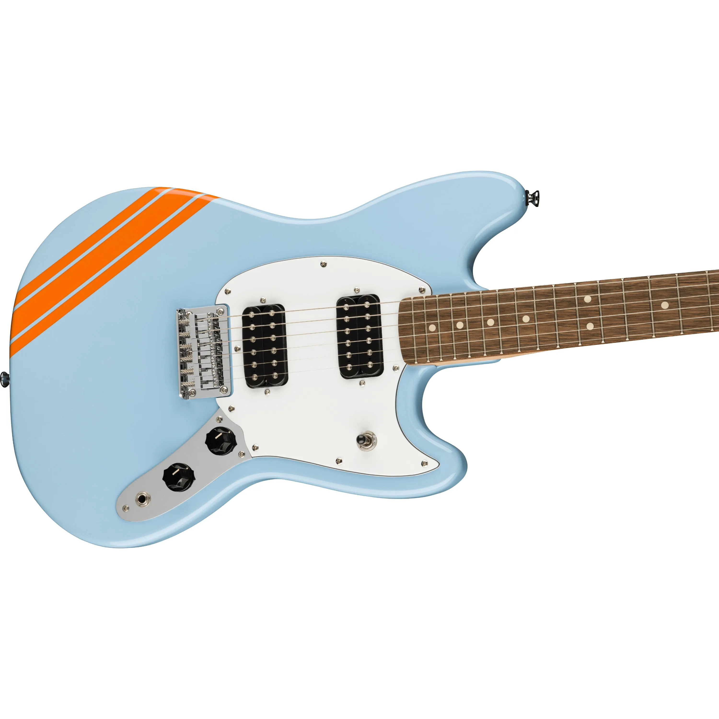 Squier FSR Bullet Mustang HH Daphne Blue with Orange Stripes
