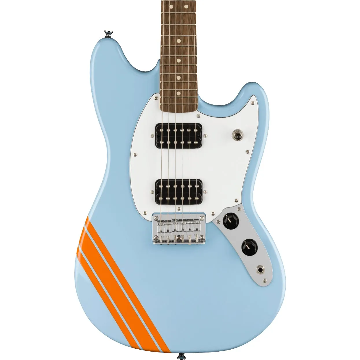Squier FSR Bullet Mustang HH Daphne Blue with Orange Stripes