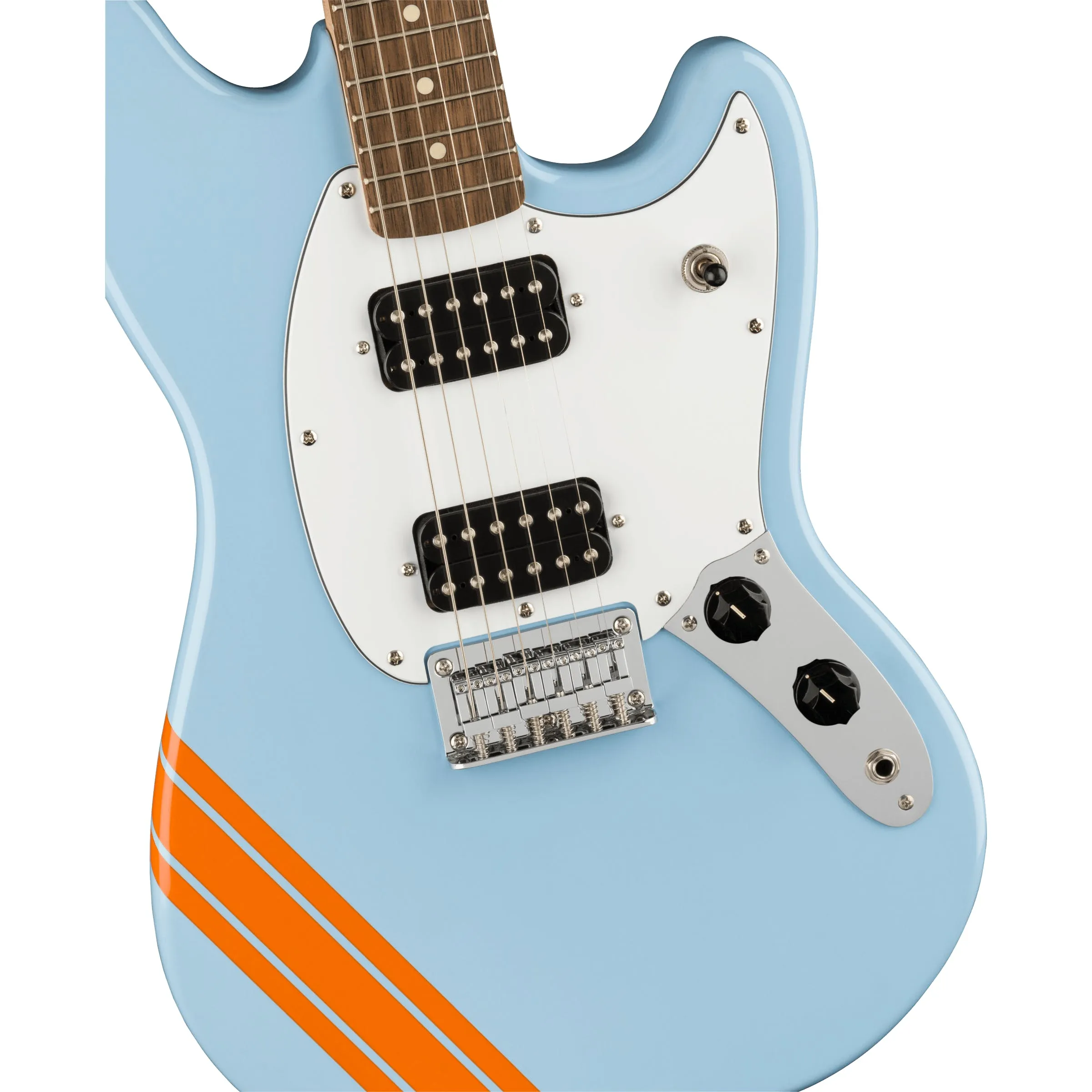 Squier FSR Bullet Mustang HH Daphne Blue with Orange Stripes