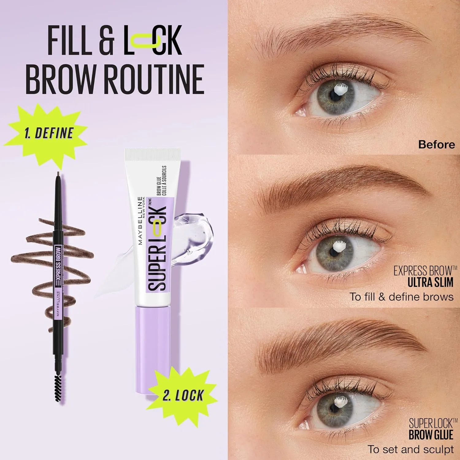 Super Lock Brow Glue Eyebrow Gel, Lightweight Brow Gel for up to 24HR Hold, Clear, 1 Count
