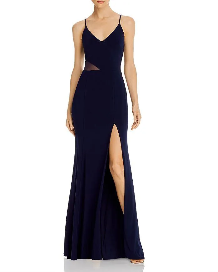 V-Neck Form Fitting Illusion Gown With High Split
