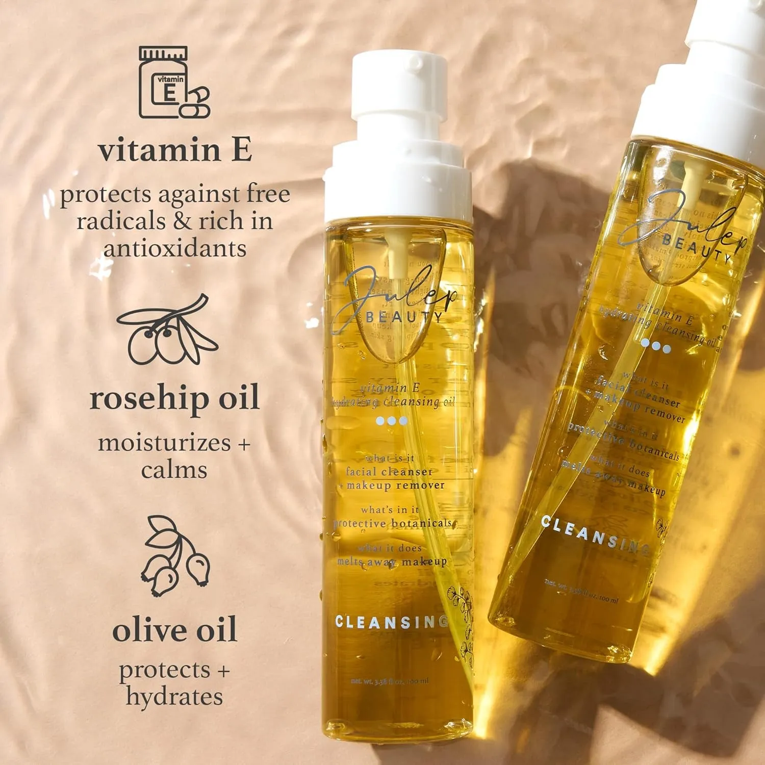 Vitamin E Hydrating Cleansing Oil and Makeup Remover - Face Wash for Normal to Dry Sensitive Skin - 3.38 Fl Oz - Rosehip and Olive Oil Face Cleanser